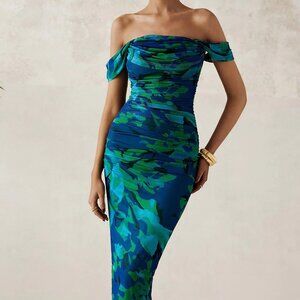 New Elegant Floral Off Shoulder Ruched Mesh Cocktail Wedding Guest Dress